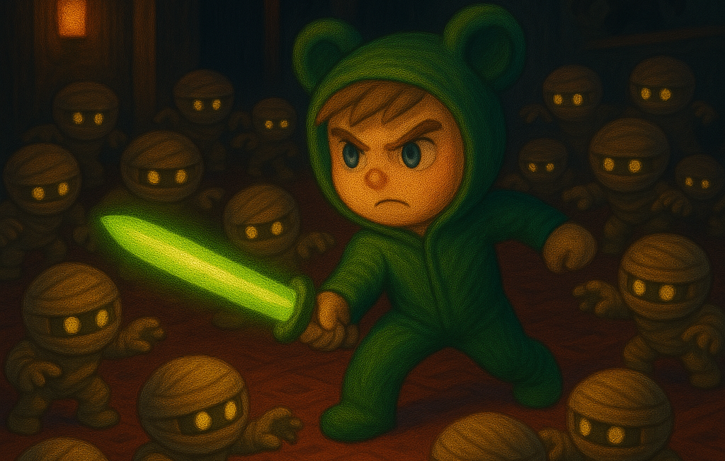 Personaje en pijama verde enfrentando enemigos en un oscuro calabozo - RPG inmersivo de Entropy.