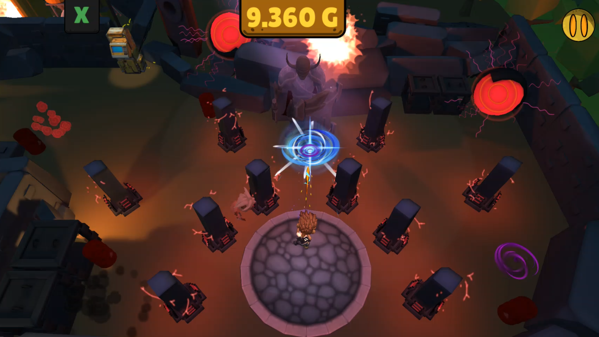 Shooter cenital de zombis: disparo al vórtice azul en zona ritual (Android)